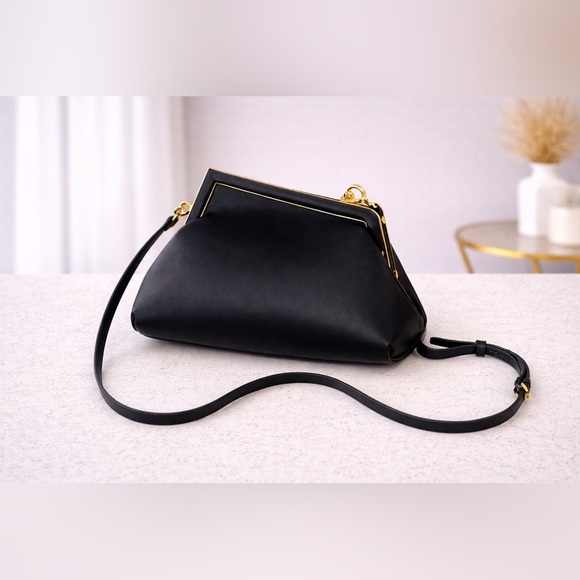 Black Designer-Inspired Crossbody Handbag | Gold Frame Clutch Purse - Picture 2 of 6